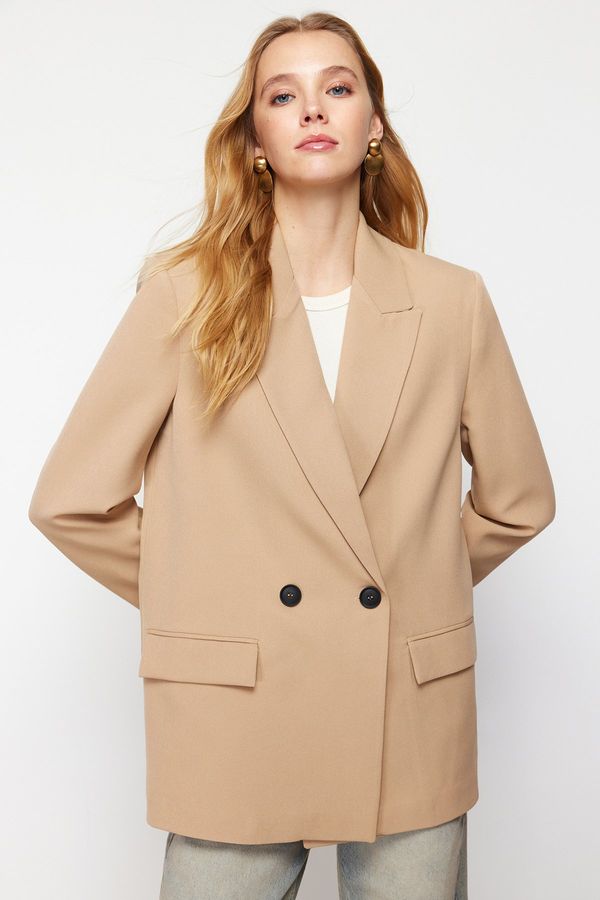 Trendyol Trendyol Camel Oversize Straight Cut Basic Double Breasted Woven Blazer Jacket