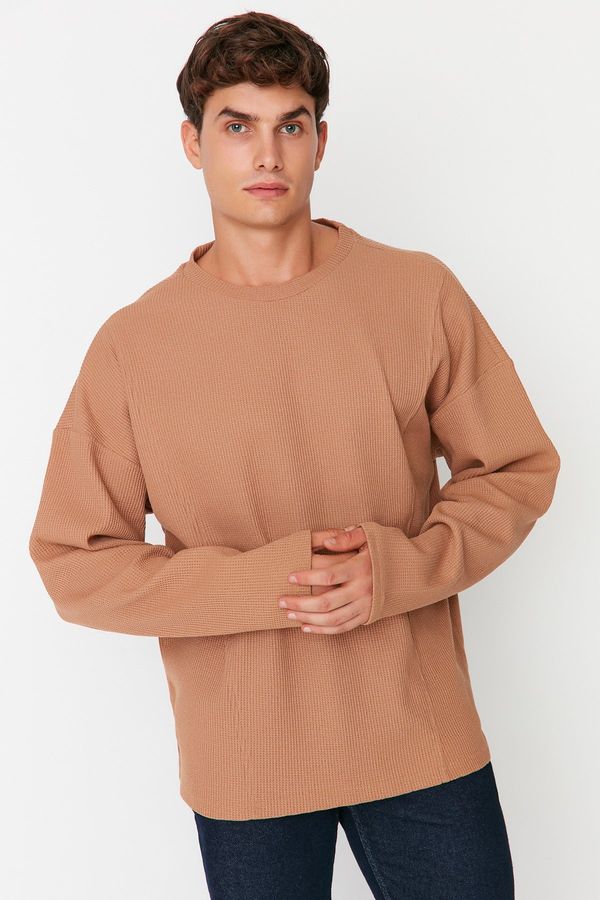 Trendyol Trendyol Camel Oversize/Wide-Fit Crew Neck Stitch Detail Textured T-Shirt