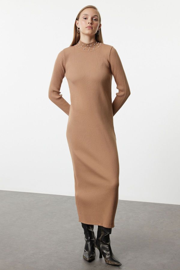 Trendyol Trendyol Camel Pearl Stone Accessory Knitwear Dress