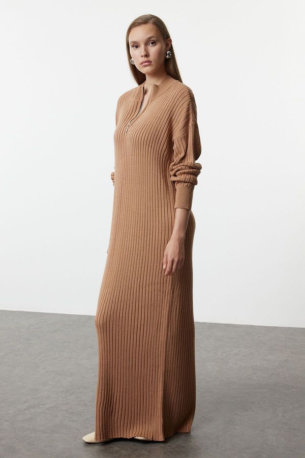 Trendyol Trendyol Camel Plain Shift Maxi Knit Dress