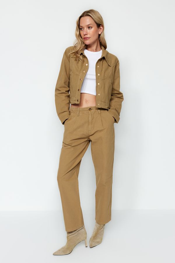 Trendyol Trendyol Camel Pleated High Waist Straight Jeans