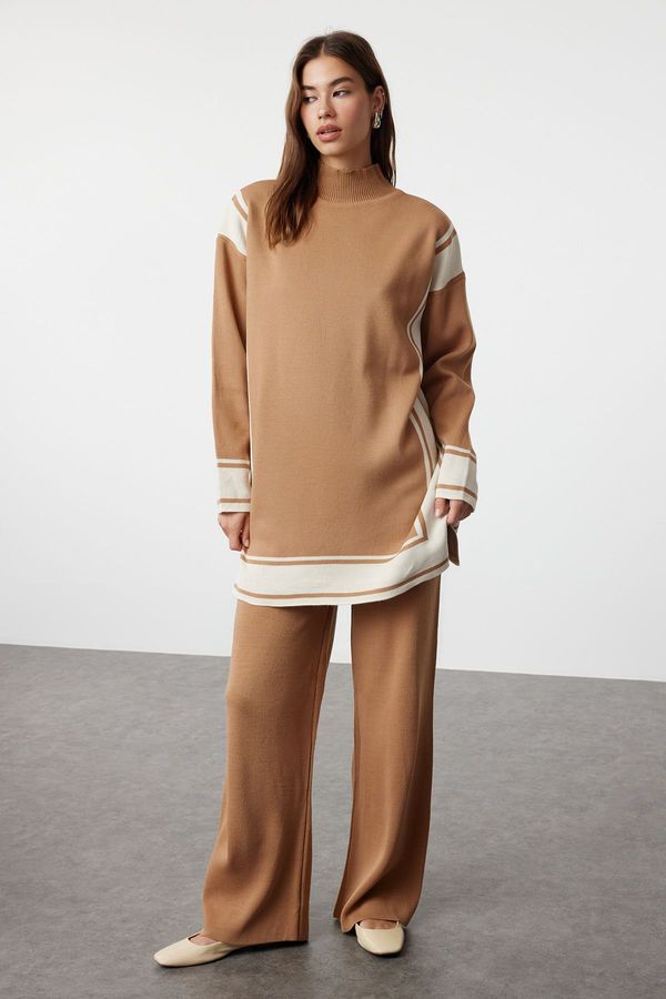 Trendyol Trendyol Camel Relaxed Cut Knitwear Striped Tunic-Pants Bottom-Top Set