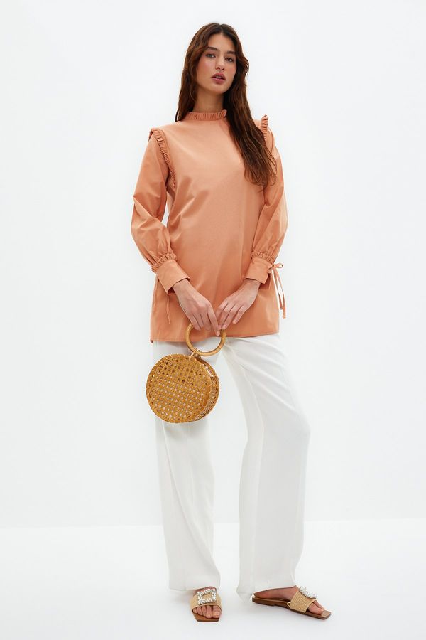 Trendyol Trendyol Camel Shoulder and Cuff Frilly Woven Cotton Tunic