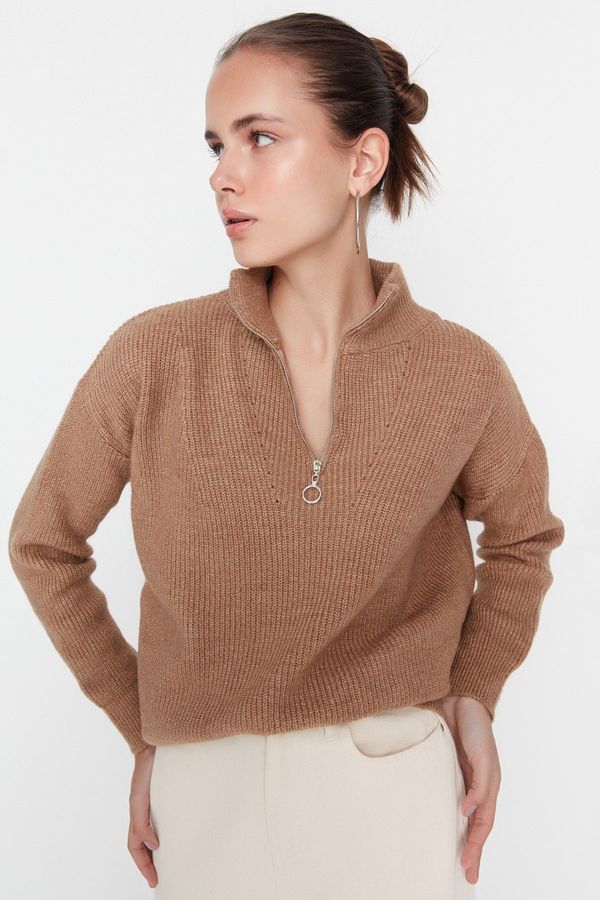 Trendyol Trendyol Camel Soft Textured Zipper Knitwear Sweater