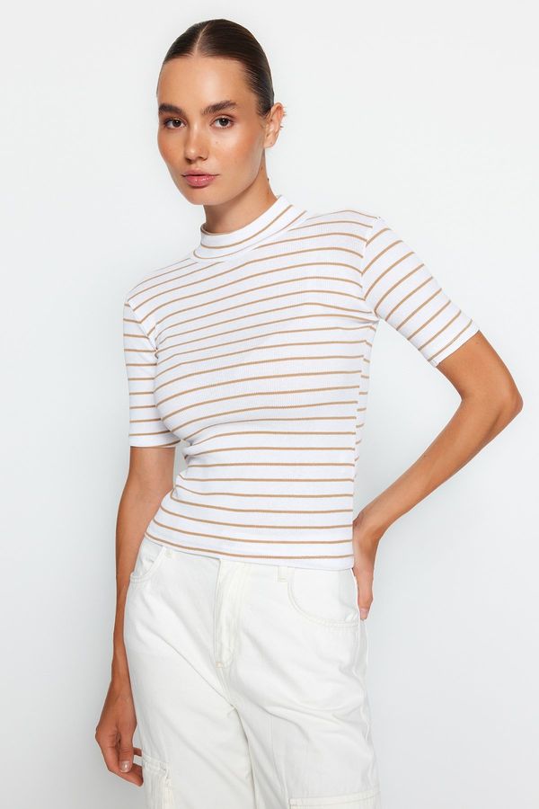 Trendyol Trendyol Camel Striped High Neck Fitted/Situated Short Sleeve Elastic Ribbed Knitted Blouse