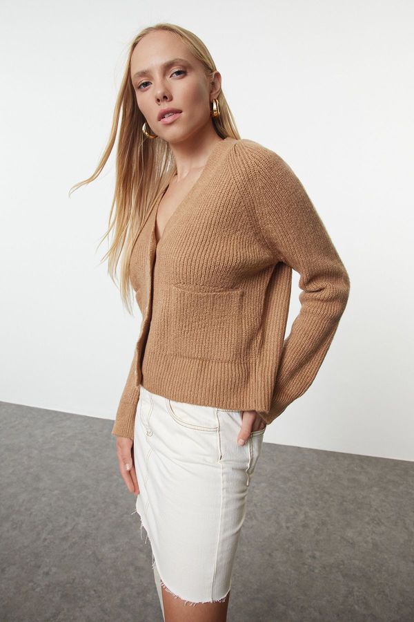 Trendyol Trendyol Camel V Neck Pocket Knitwear Cardigan