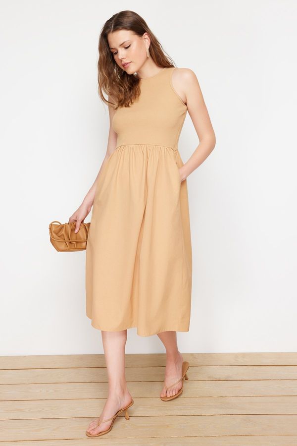 Trendyol Trendyol Camel Waist Opening Fabric Mixed Midi Woven Dress