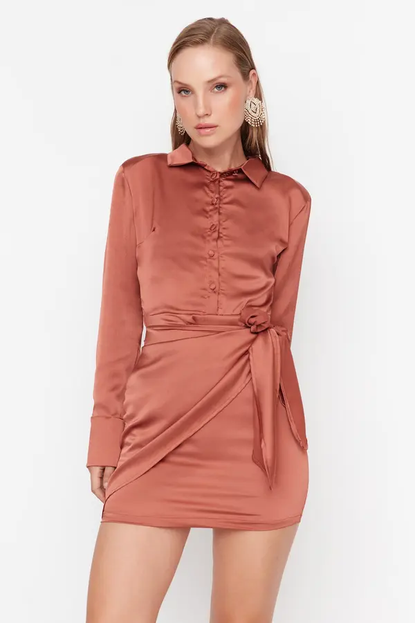 Trendyol Trendyol cimetova kravata podrobna satenska večerna obleka