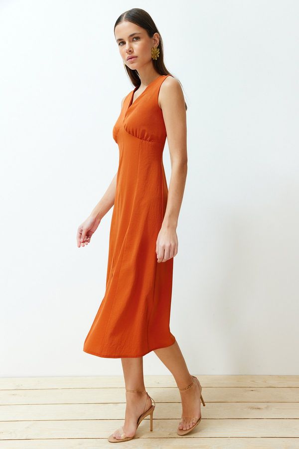 Trendyol Trendyol Cinnamon A-line V-neck Slit Detailed Midi Woven Dress