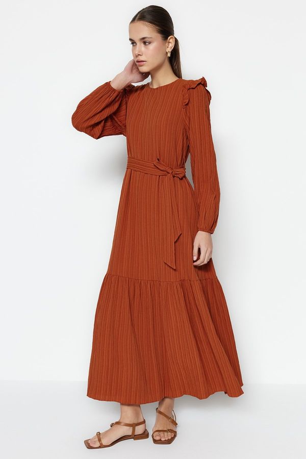 Trendyol Trendyol Cinnamon Belt With Frill Shoulders on the Shoulders With Frills Flannel Lined Viscose-Mixed Woven Dress