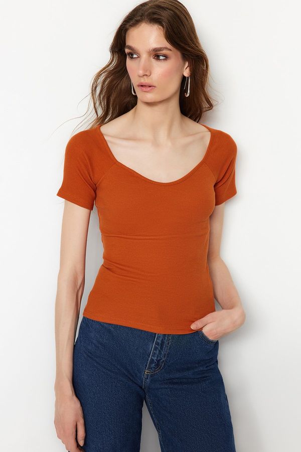 Trendyol Trendyol Cinnamon Fitted Cotton Stretch Knitted Blouse