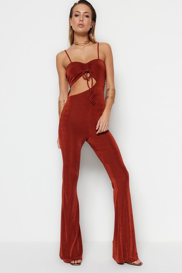 Trendyol Trendyol Cinnamon Jumpsuit with Knitted Window/Cut Out Detail and Shimmer