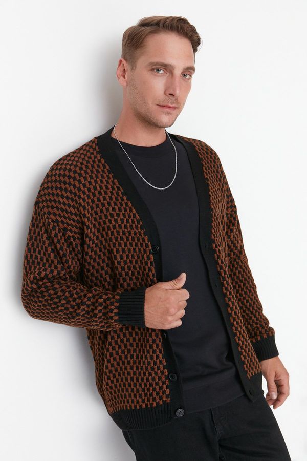 Trendyol Trendyol Cinnamon Men's Oversize Fit Wide Fit V-neck Checkered Pattern Knitwear Cardigan