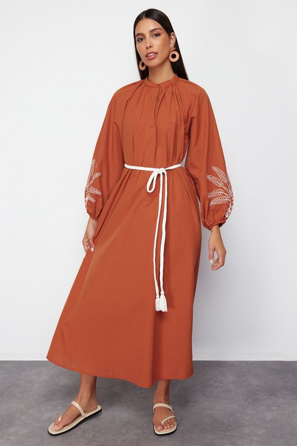 Trendyol Trendyol Cinnamon Sleeve Embroidered / Embroidered Balloon Sleeve Woven Dress