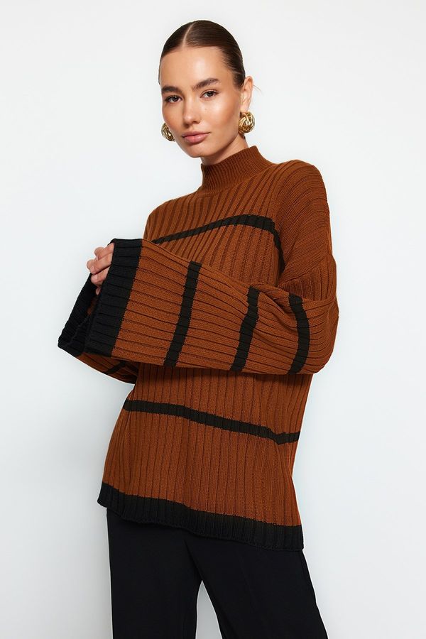 Trendyol Trendyol Cinnamon Wide Pattern Striped Knitwear Sweater