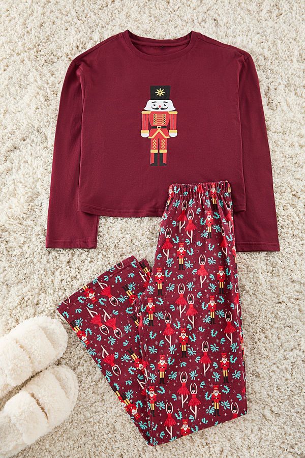 Trendyol Trendyol Claret Red 100% Cotton Christmas Themed Knitted Pajama Set