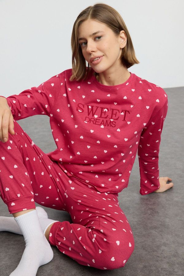 Trendyol Trendyol Claret Red 100% Cotton Heart Slogan Embroidered Knitted Pajama Set