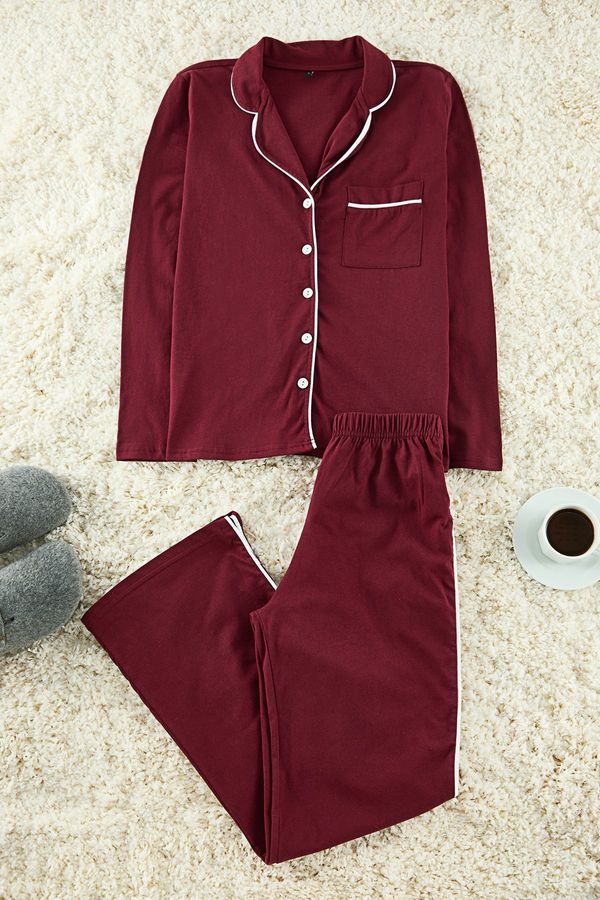 Trendyol Trendyol Claret Red 100% Cotton Piping Detailed Knitted Pajama Set