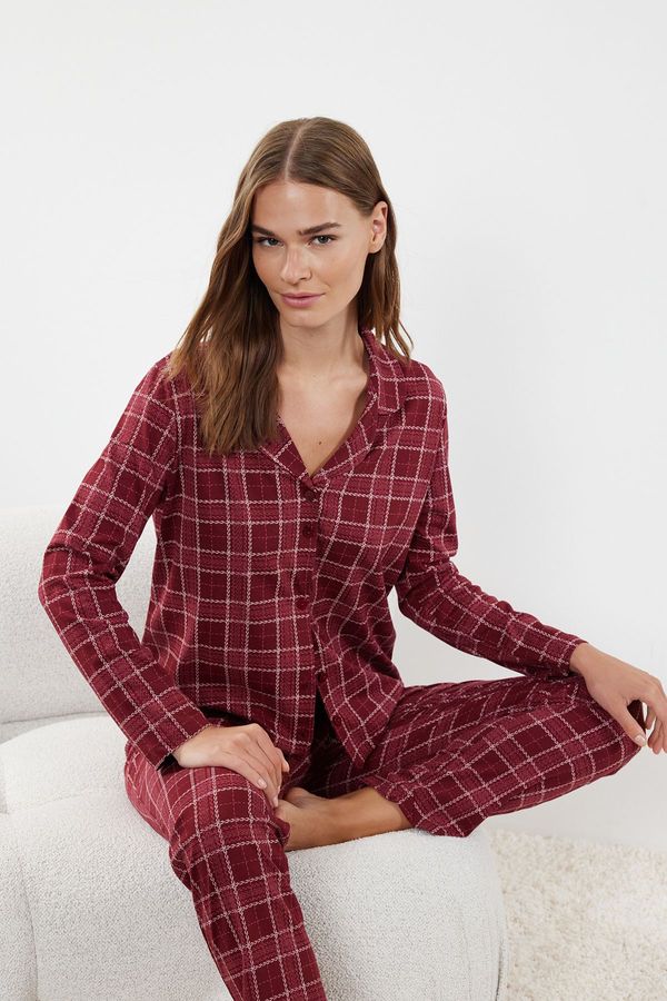 Trendyol Trendyol Claret Red 100% Cotton Plaid Shirt-Pants Knitted Pajama Set