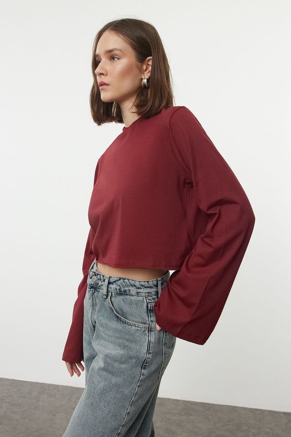 Trendyol Trendyol Claret Red 100% Cotton Relaxed/Wide Relaxed Cut Crop Crew Neck Knitted T-Shirt