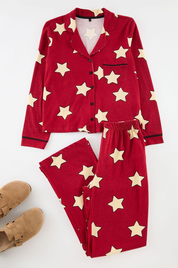 Trendyol Trendyol Claret Red 100% Cotton Star Patterned Knitted Pajama Set