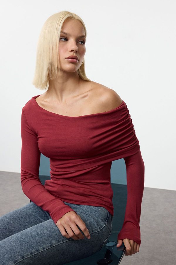 Trendyol Trendyol Claret Red Asymmetric Collar Fitted/Fits Body Flexible Knitted Blouse