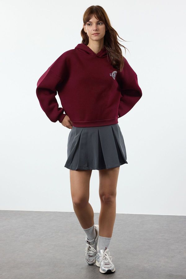 Trendyol Trendyol Claret Red Back Print Detailed Hooded Thick Inside Fleece Knitted Sweatshirt