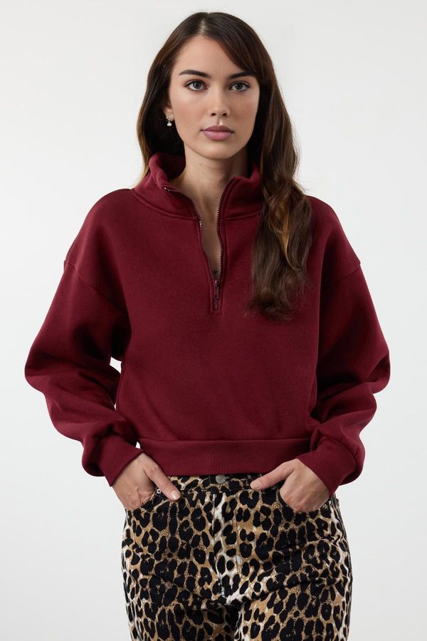 Trendyol Trendyol Claret Red Casual Cut Crop Zippered Stand Collar Thick Polar Fleece Knitted Sweatshirt