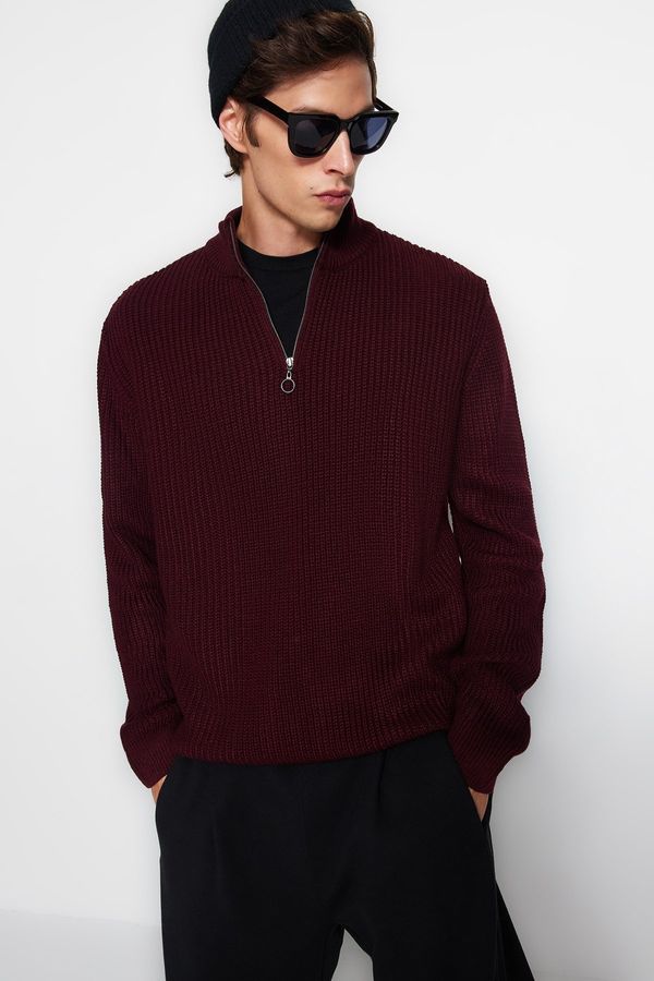 Trendyol Trendyol Claret Red Casual Regular Fit Half Turtleneck Zippered Collar Sweater