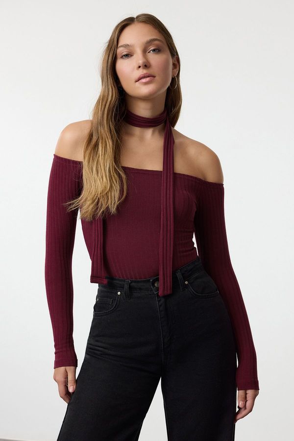 Trendyol Trendyol Claret Red Corduroy Carmen Collar Shawl Detailed Fitted/Fits Crop Flexible Knitted Blouse