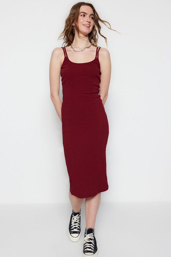 Trendyol Trendyol Claret Red Crescent Neck Double Thread Straps, Fitted Ripple Flexible Midi Dress