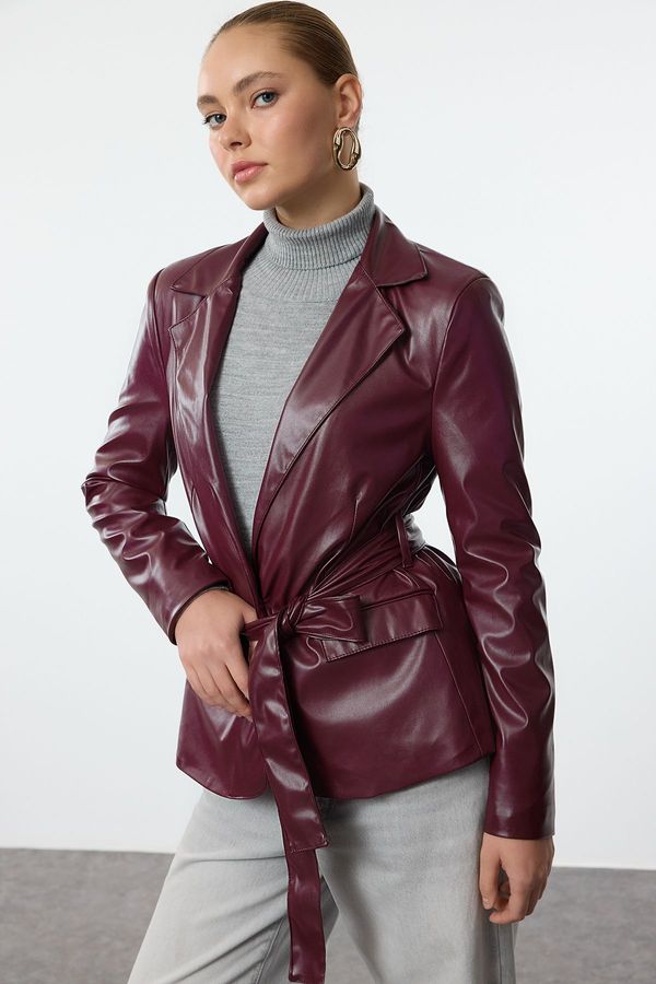 Trendyol Trendyol Claret Red Faux Leather Belted Blazer Jacket