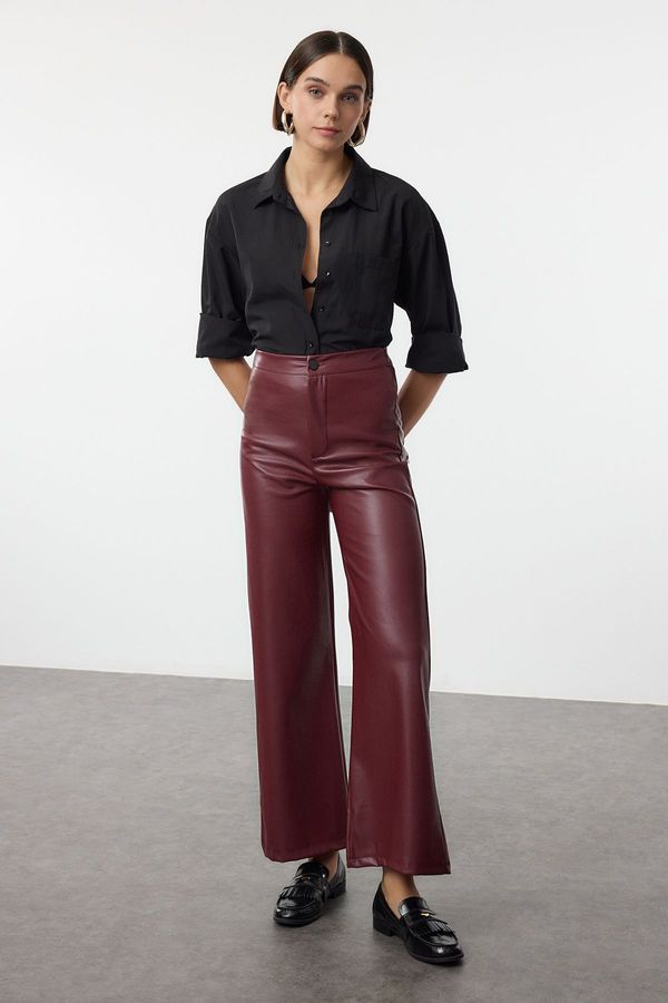 Trendyol Trendyol Claret Red Faux Leather Wide Leg Pocket Detailed Knitted Trousers