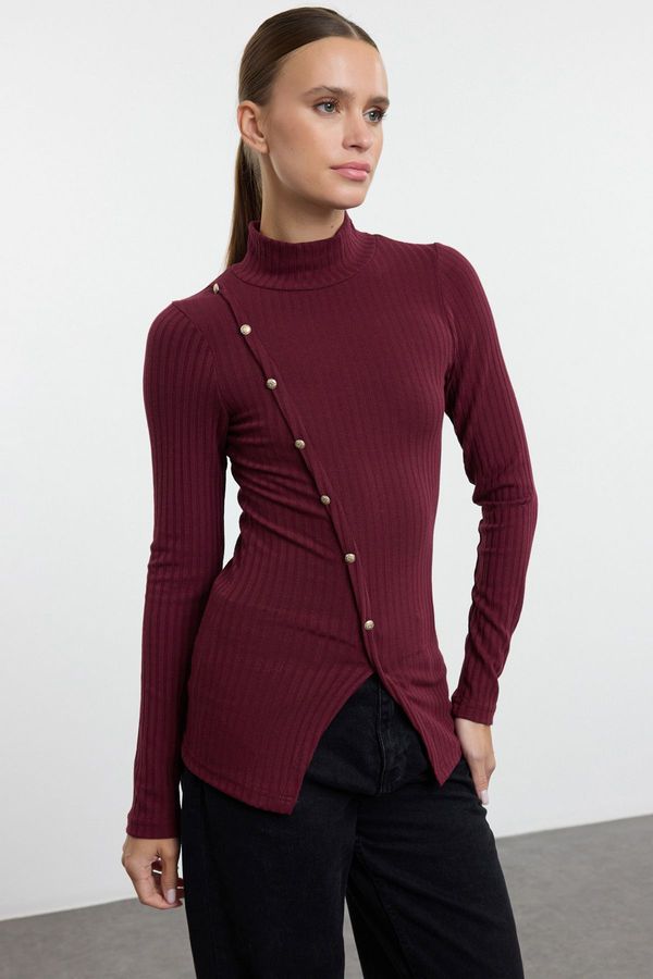 Trendyol Trendyol Claret Red Fitted/Body-Sit Button Detailed Elastic Knitted Blouse