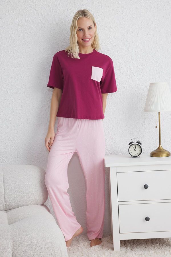 Trendyol Trendyol Claret Red Galaxy Pocket Detailed Jersey Knitted Pajama Set