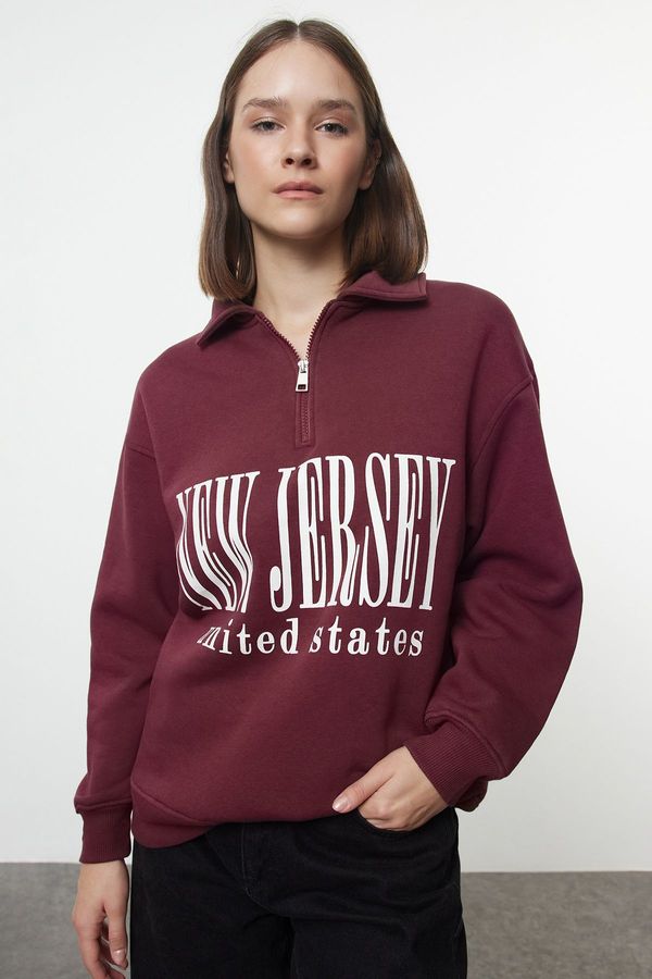 Trendyol Trendyol Claret Red Oversize Thick Fleece Slogan Printed Zippered Knitted Sweatshirt