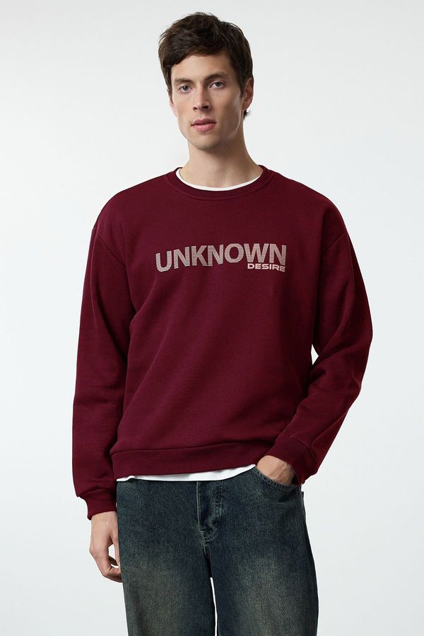 Trendyol Trendyol Claret Red Oversize/Wide Cut Text Printed Crew Neck Inside Polar Fleece Sweatshirt