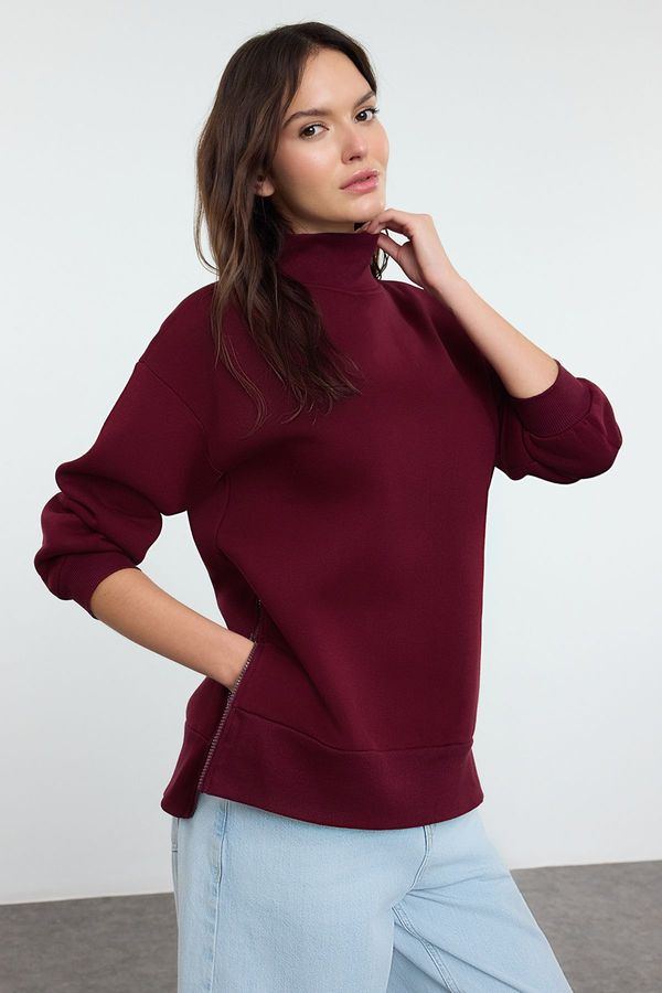 Trendyol Trendyol Claret Red Oversize/Wide Fit Zippered Stand Collar Thick Inside Fleece Knitted Sweatshirt