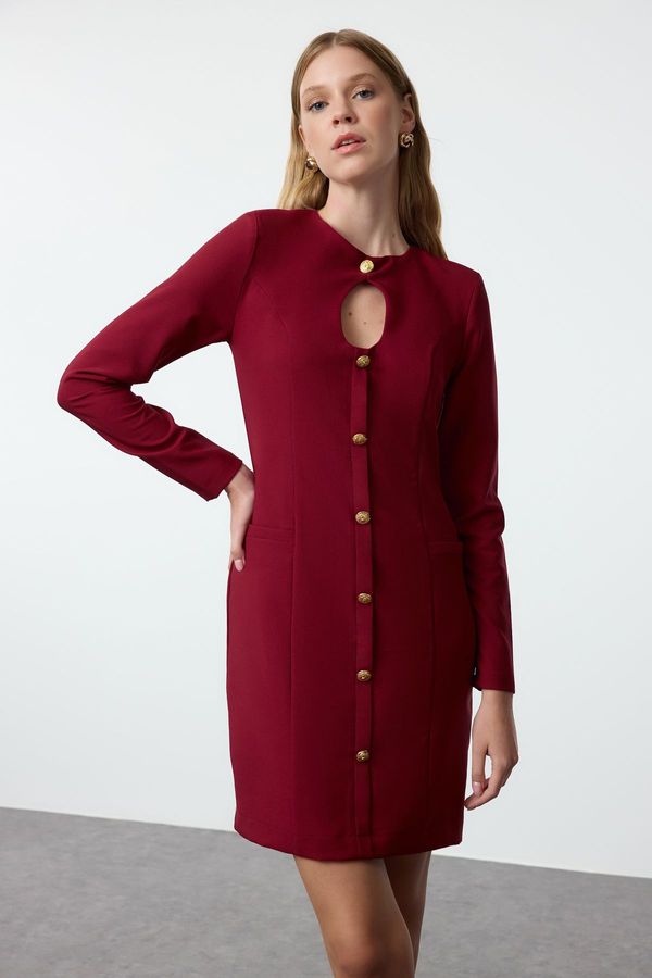 Trendyol Trendyol Claret Red Plain Mini Straight Cut Button Detailed Crew Neck Mini Woven Dress