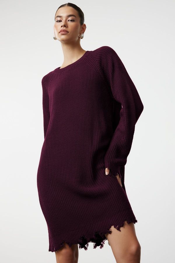 Trendyol Trendyol Claret Red Plain Mini Wide Pattern Plain Knit Dress with Draping Detail