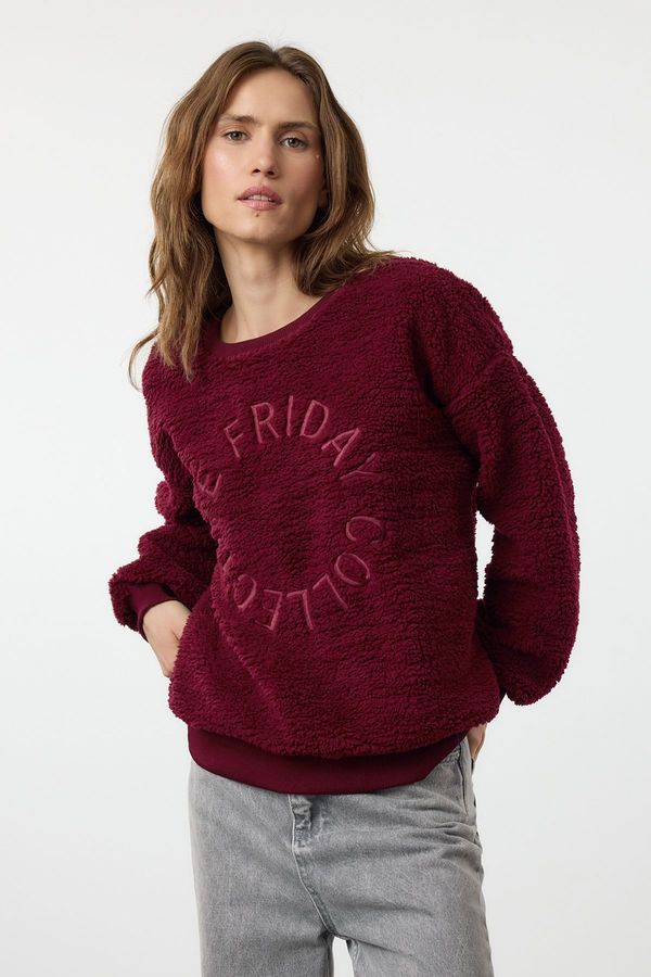 Trendyol Trendyol Claret Red Plush Embroidered Oversize/Wide Pattern Thick Knitted Sweatshirt