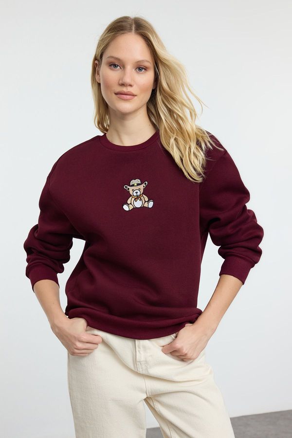 Trendyol Trendyol Claret Red Relaxed/Comfortable Pattern Embroidered Thick Knitted Sweatshirt