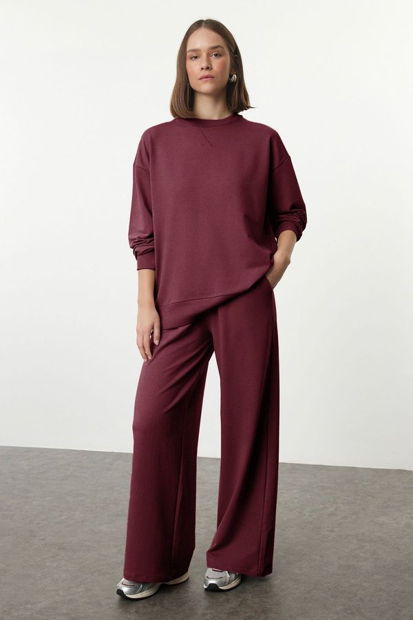 Trendyol Trendyol Claret Red Relaxed/Comfortable Pattern Wide Leg/Wide Leg Knitted Sweatshirt/Bottom Tracksuit Set