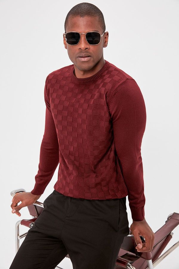 Trendyol Trendyol Claret Red Slim Crew Neck Textured Knitwear Sweater