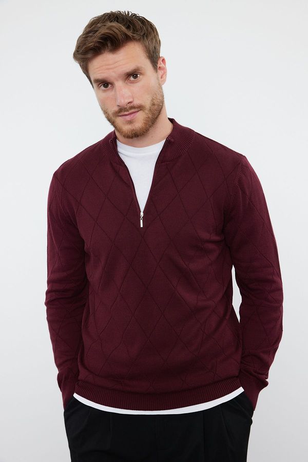Trendyol Trendyol Claret Red Slim Fit Half Turtleneck Zipper Collar Cotton Smart Knitwear Sweater