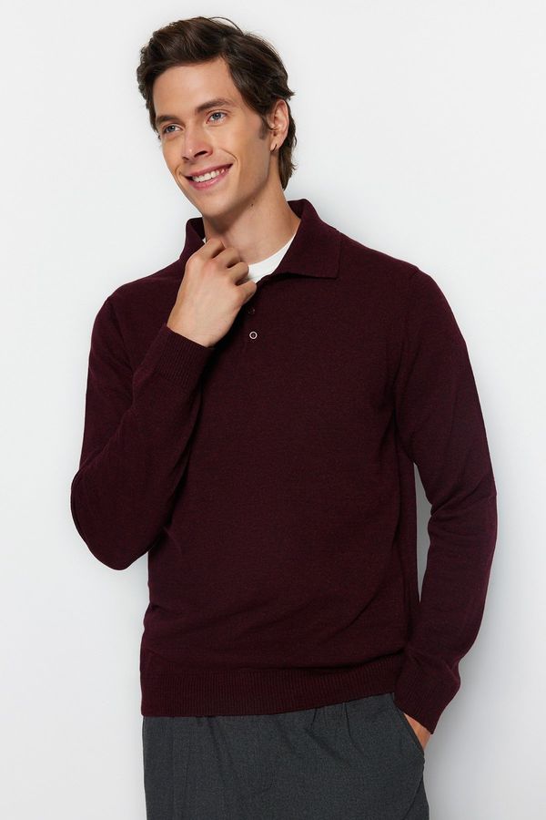 Trendyol Trendyol Claret Red Slim Fit Wool Polo Collar Buttoned Smart Knitwear Sweater