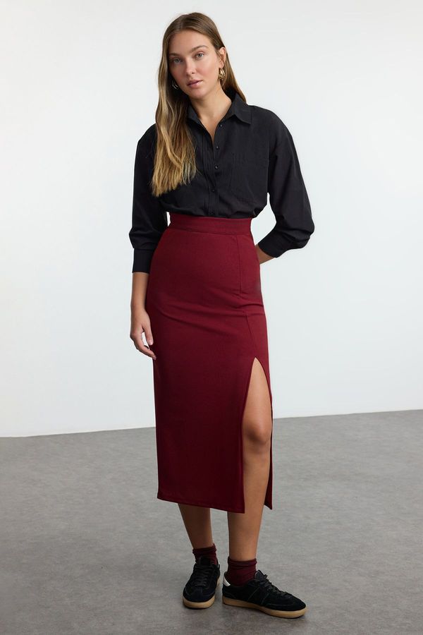 Trendyol Trendyol Claret Red Smart Crepe Slit Detailed Maxi High Waist Flexible Knitted Skirt