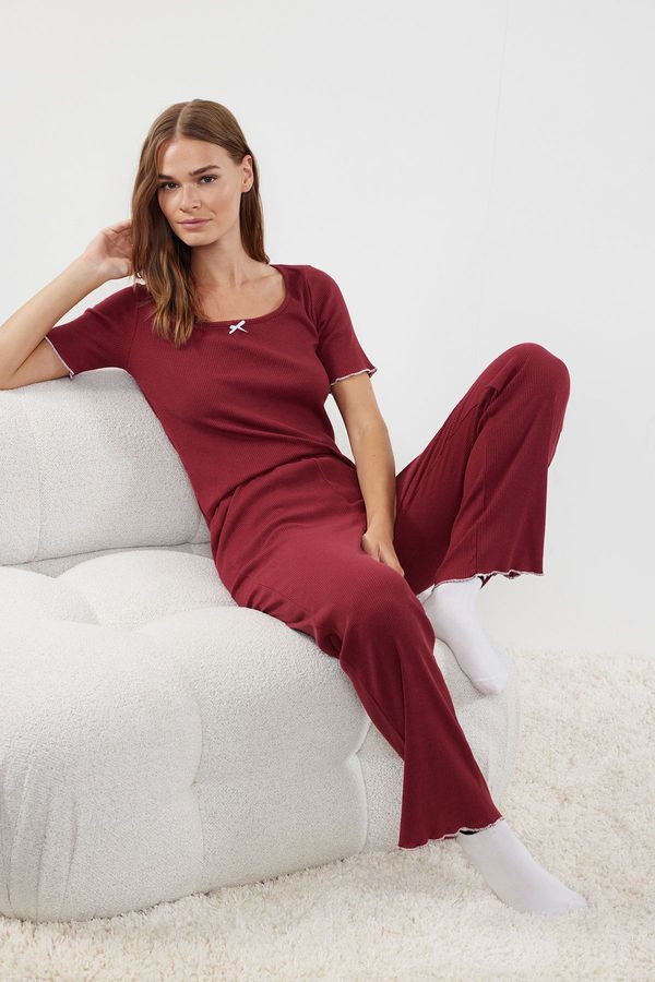 Trendyol Trendyol Claret Red Solid Camisole Knitted Pajama Set