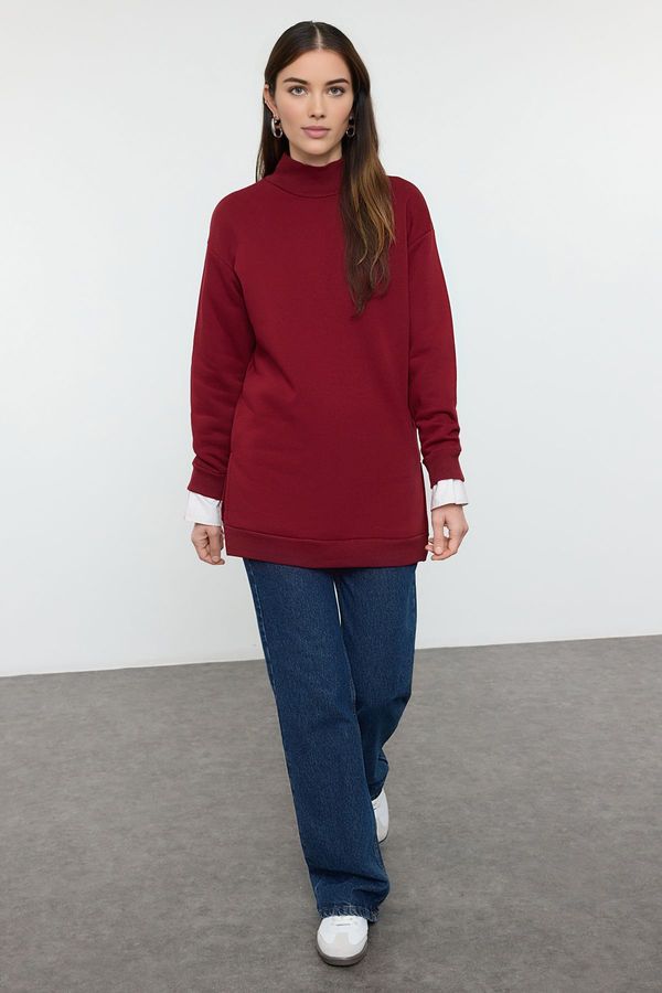 Trendyol Trendyol Claret Red Stand Collar Slit Detailed Polar Fleece Oversize Knitted Sweatshirt