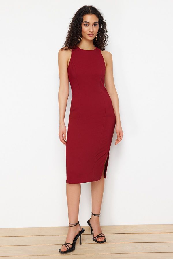 Trendyol Trendyol Claret Red Straight Cut Crew Neck Midi Pencil Skirt Woven Dress